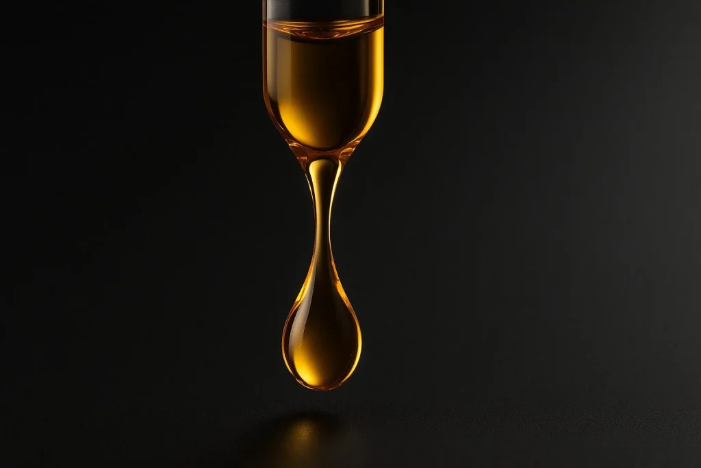 Close up af en dråbe gylden cacay olie, der falder mod en sort, mat overflade med moderne, luksuriøs lysopsætning