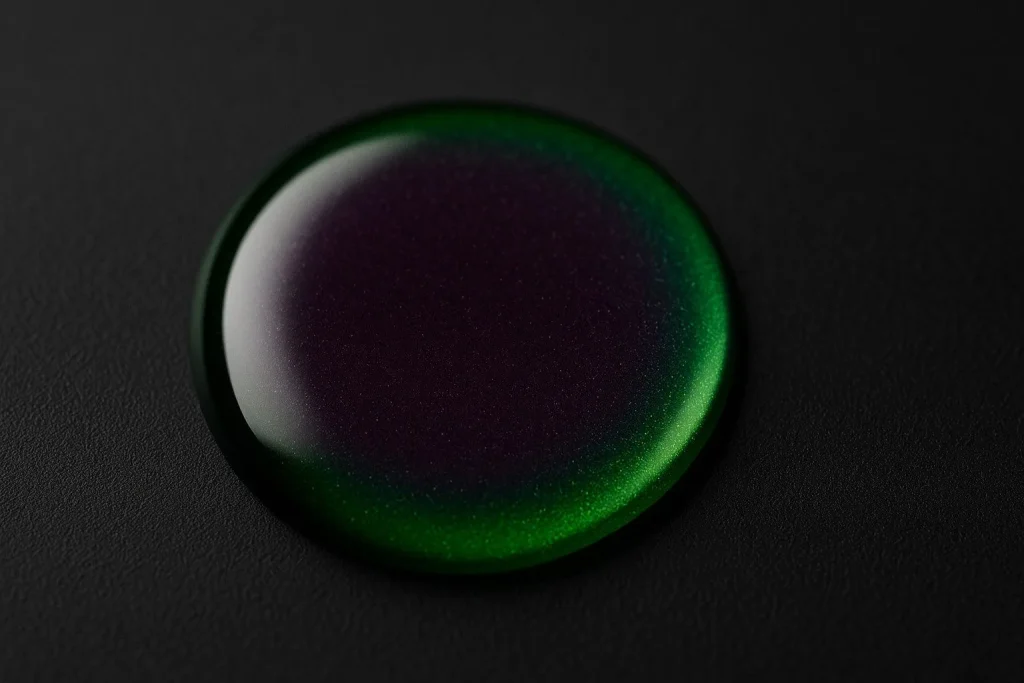 Makrofoto af en lilla grøn olie dråbe på en mat sort overflade, der symboliserer açaí oliens rige antioxidanter og dybe farve