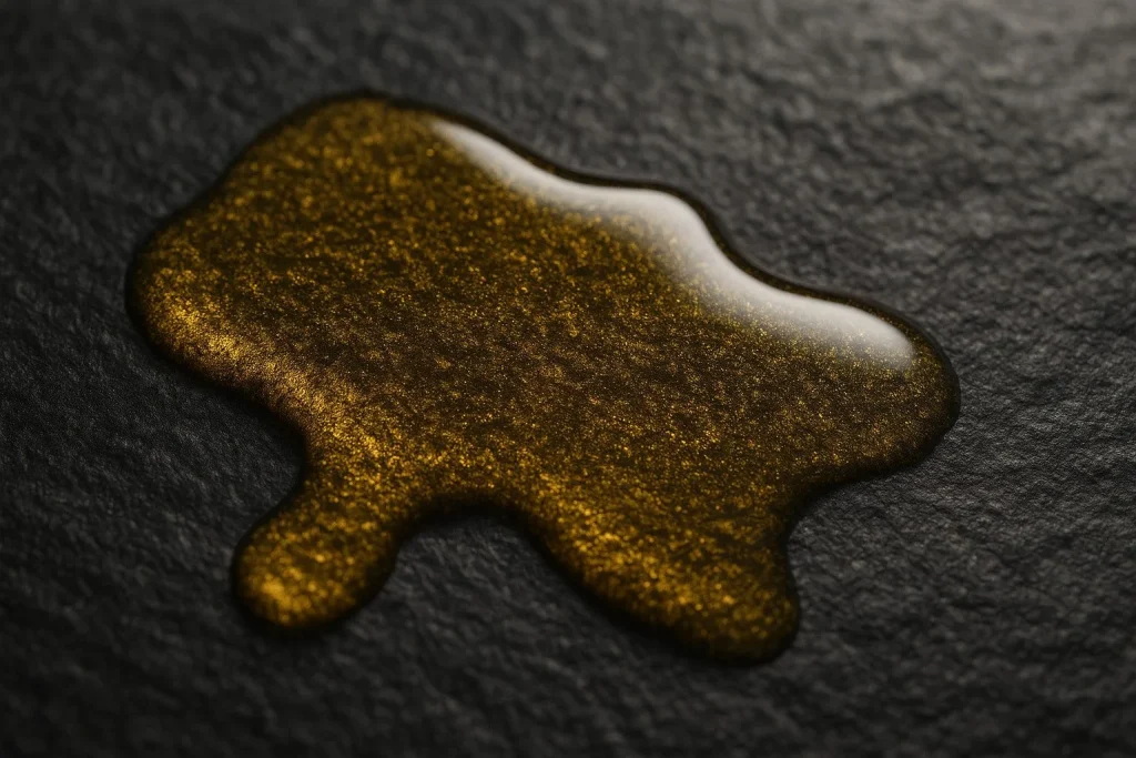 Makrooptagelse af cacay olies tekstur, glinsende på en mørk stenoverflade